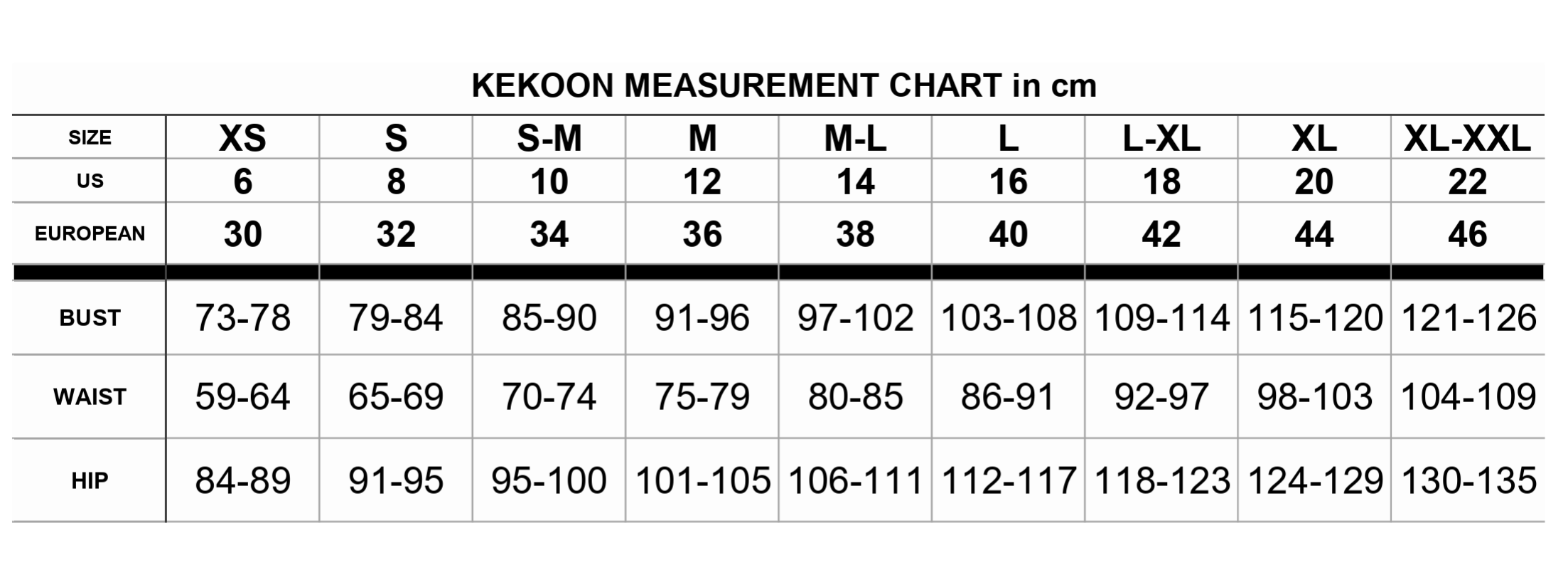 Kekoon Size Guide